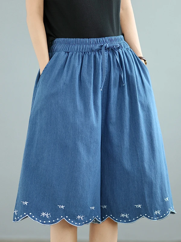Estate 2025 Nuovo ricamato sottile denim ort pantaloni donna di grandi dimensioni gamba larga allentato dimagrante sei piedi pantaloni casual a vita alta...