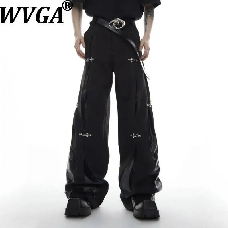 

WVGA Autumn Winter New Man Tide Metal Airplane Buckle Leather Splicing Trendy Niche Chic Casual Draped Straight Pants Ins W12758