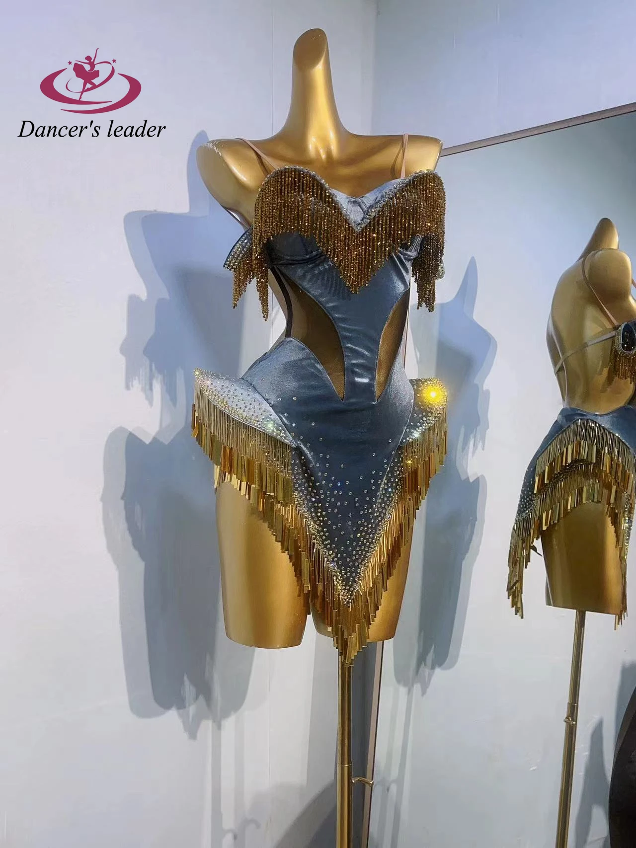 Latin Dance Stage High-end Custom Suede Gold Chain Catwalk Samba Strass Prestatiekostuum voor dames