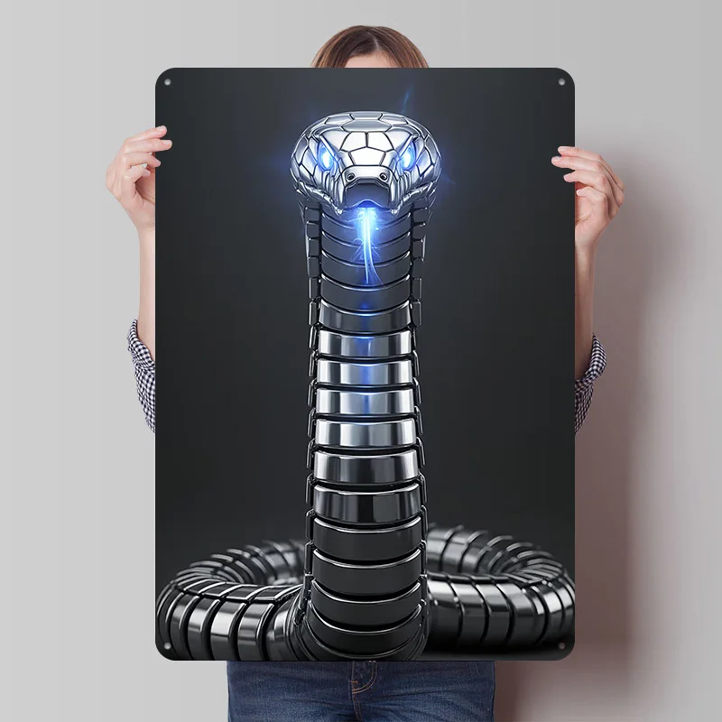 Metallic Cobra With Glowing Eyes Tinplate Poster Custom Wall Art Vintage Metal Signs Retro Tin Plaque for Living Room Decoration