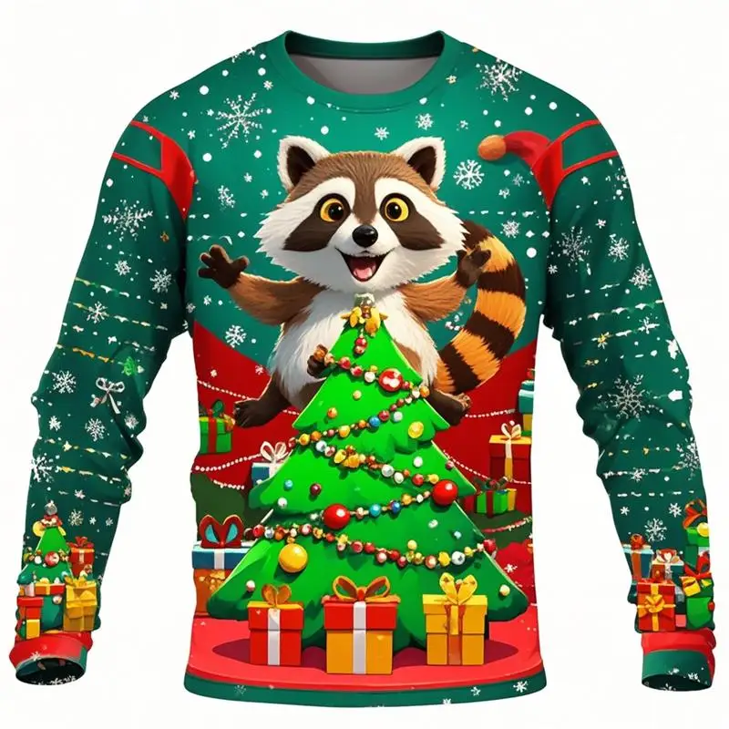 Christmas T Shirt Men 3D Panda Raccoon Print Long Sleeve For Men Fashion Christmas Harajuku Y2K Long Sleeve T-shirt Tops Clothes