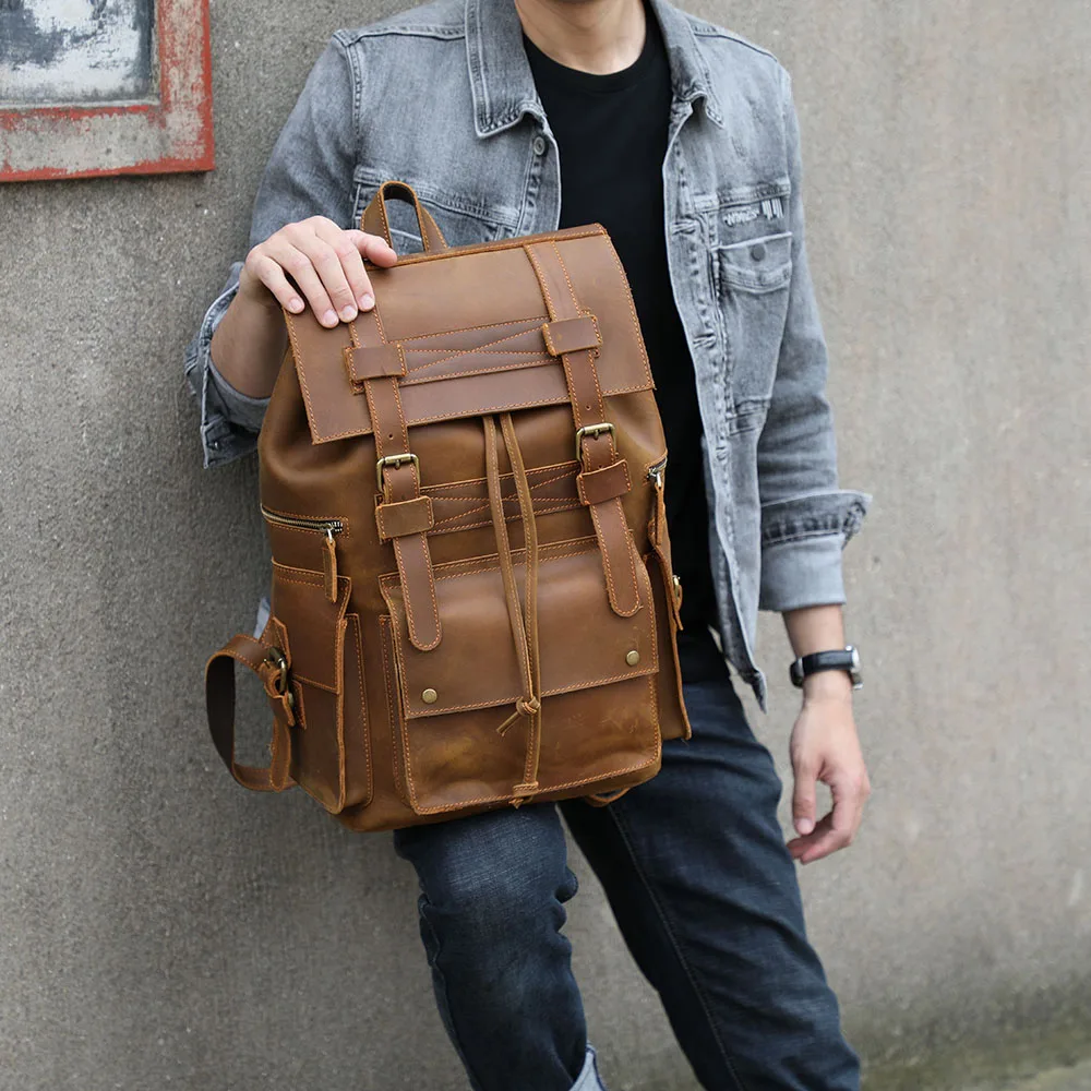 S.WORKER Vintage Echtleder Herrenrucksack Laptop-Tasche Casual Crazy-Horse Leder Schultasche Outdoor Reise-Weekender-Tasche – Detail 6