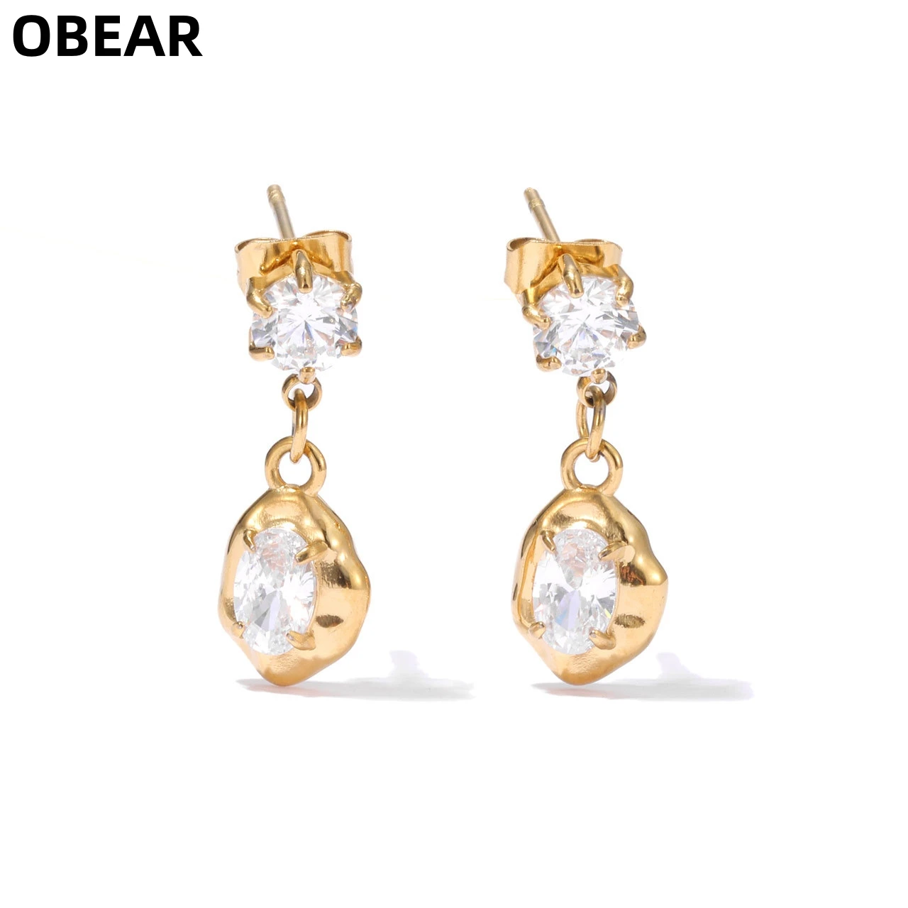 OBEAR Edelstahl-Ohrhänger, 18 Karat vergoldet, mit doppelten Zirkonia-Steinen besetzt, unregelmäßiger Charm-Anhänger, Ohrschmuck für Damen