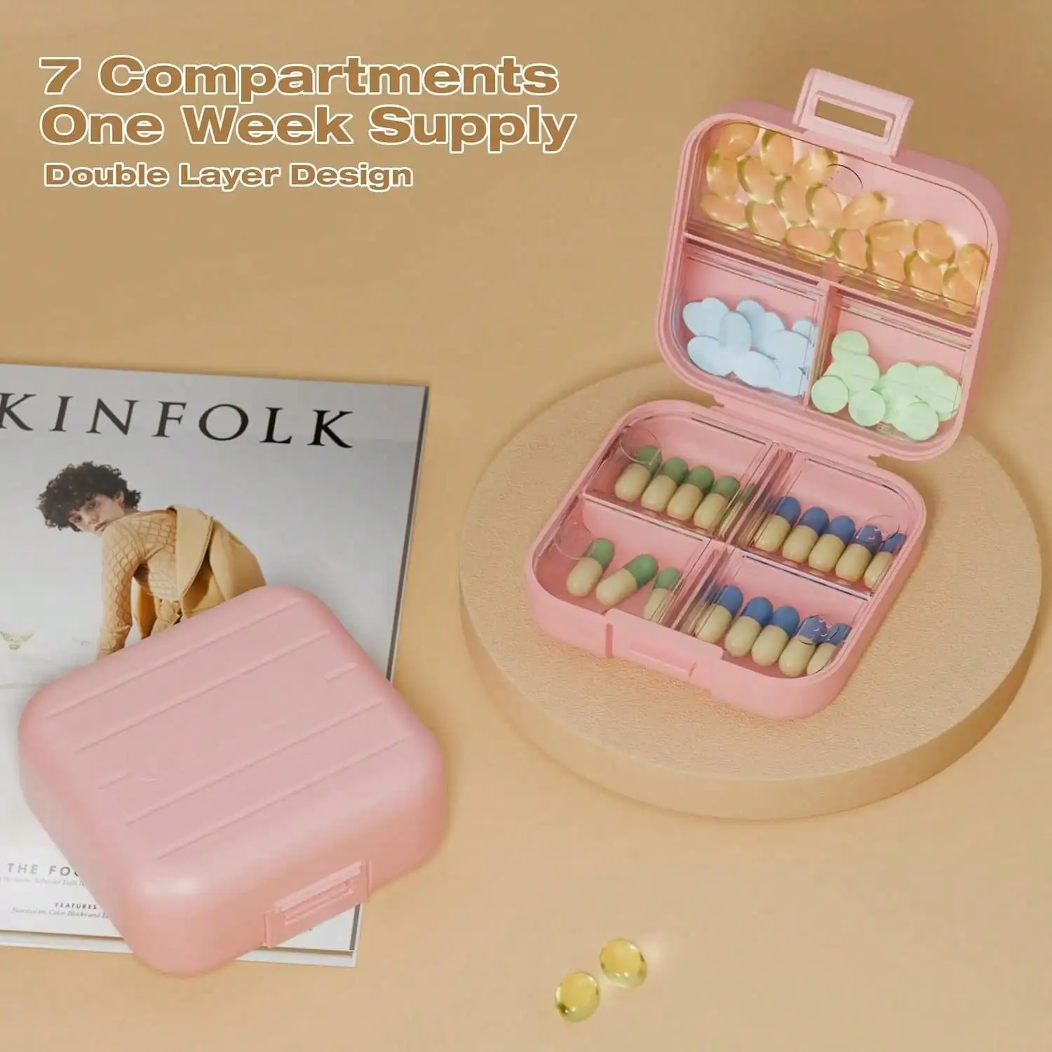Compact 7-Day Pillbox, Double-Layered Weekly Pill Organizer With 7 Compartments, Portable Travel Pill Container For Pocket Purse, For Vitamins Fish Oil, Pink