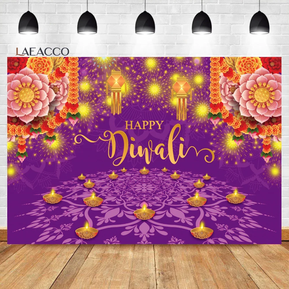 

Laeacco Happy Diwali Backdrop India Diwali Candle Burning Deepavail Mother Laxmi Lights Festival Party Photography Background