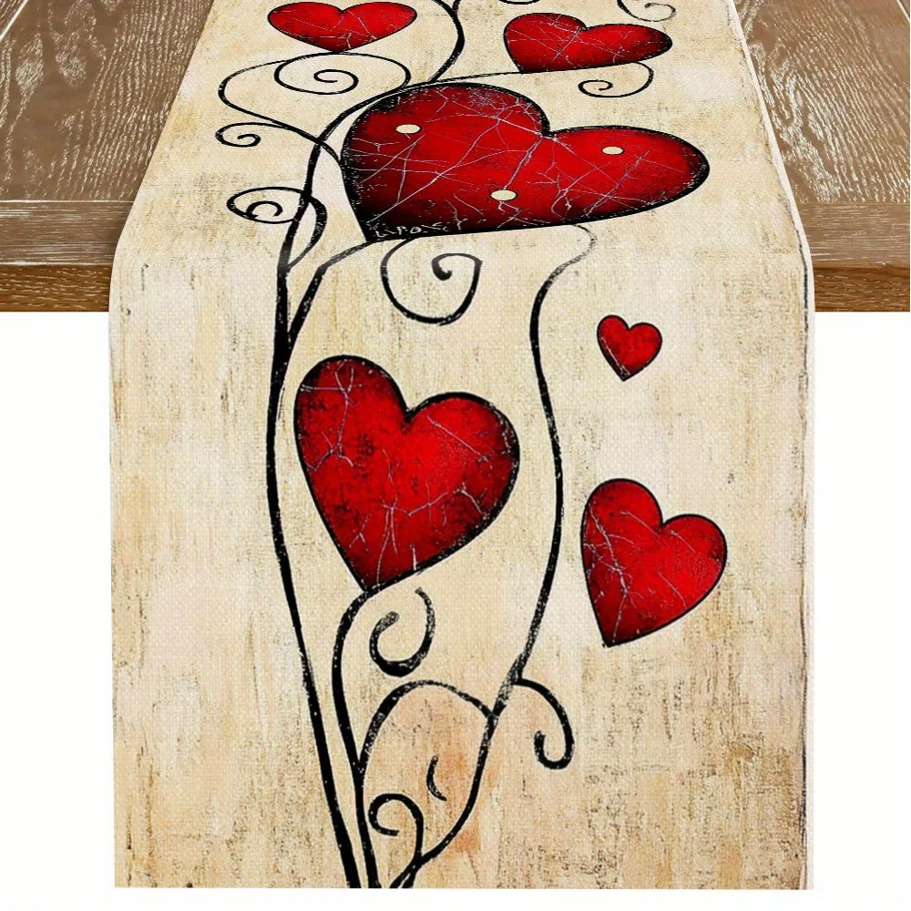 Vintage Cracked Heart Floral Table Runner - Rustic Beige Indoor Outdoor Home Kitchen Living Room Coffee Table Holiday Gift Decor