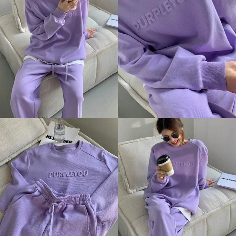 Sweatshirt Two Piece Women Sweatpants and Hoodie Set Purple Sweatsuits for Women Casual Tracksuit Suit Winter Clothes Women