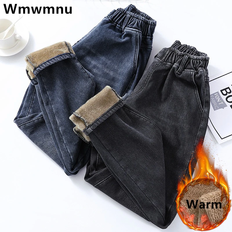 

Winter High Waist Baggy Warm Jeans Casual Big Size 80kg Velvet Lined Thicken Denim Pants Streetwear Ankle Length Harem Vaqueros