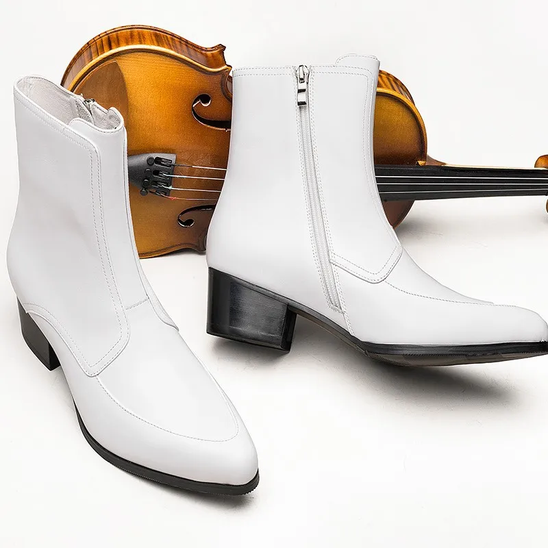 Men's White Side‑Zip Pointed Toe Ankle Boots Block Heel Formal Leather Booties