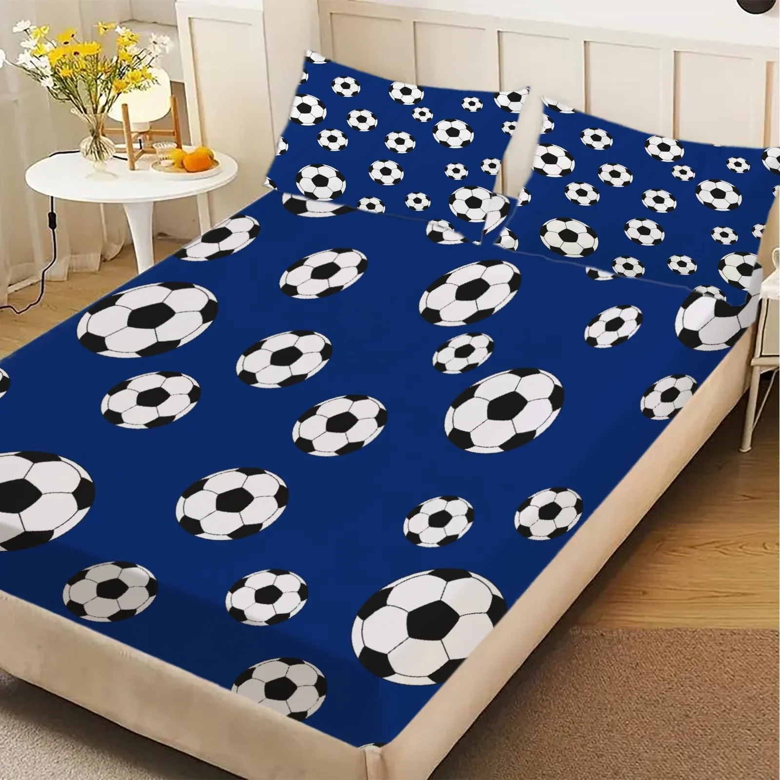 1pc Soccer Ball Print Fitted Sheet Deep Pocket Elastic Mattress Cover Blue Football Pattern for Single Double Bedroom Decor