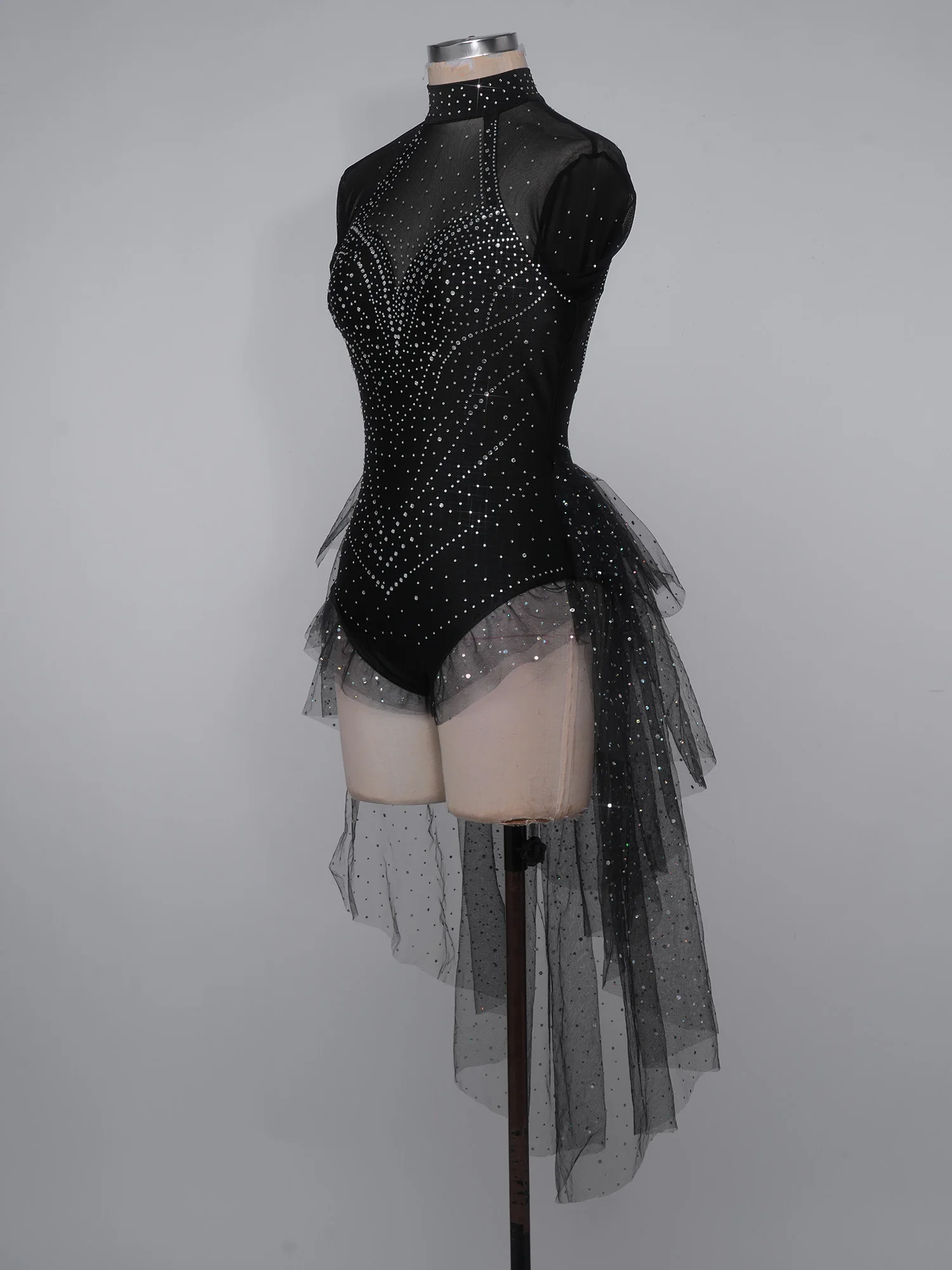 Damen Eiskunstlauf-Bodysuit mit Langen Ärmeln, Strass-Verzierung, Stufenförmigem Rüschen-Tüllrock, Leotard-Jumpsuit für Ballett-Wettbewerbe und Tanzbekleidung – Detail 13