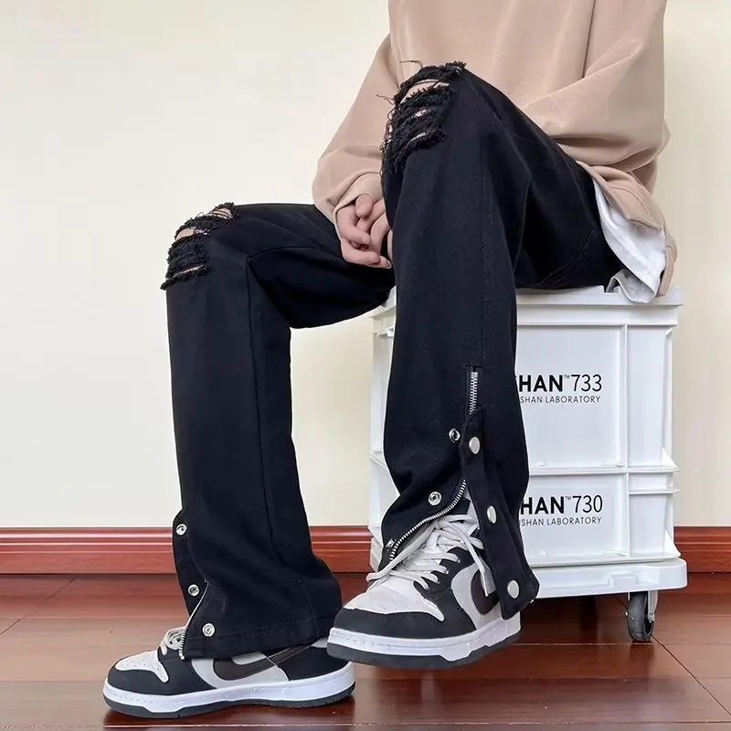 

Black Ripped Jeans Men Spring and Autumn High Street Design Zippered Straight Pants American Plus-size Mopping Pants