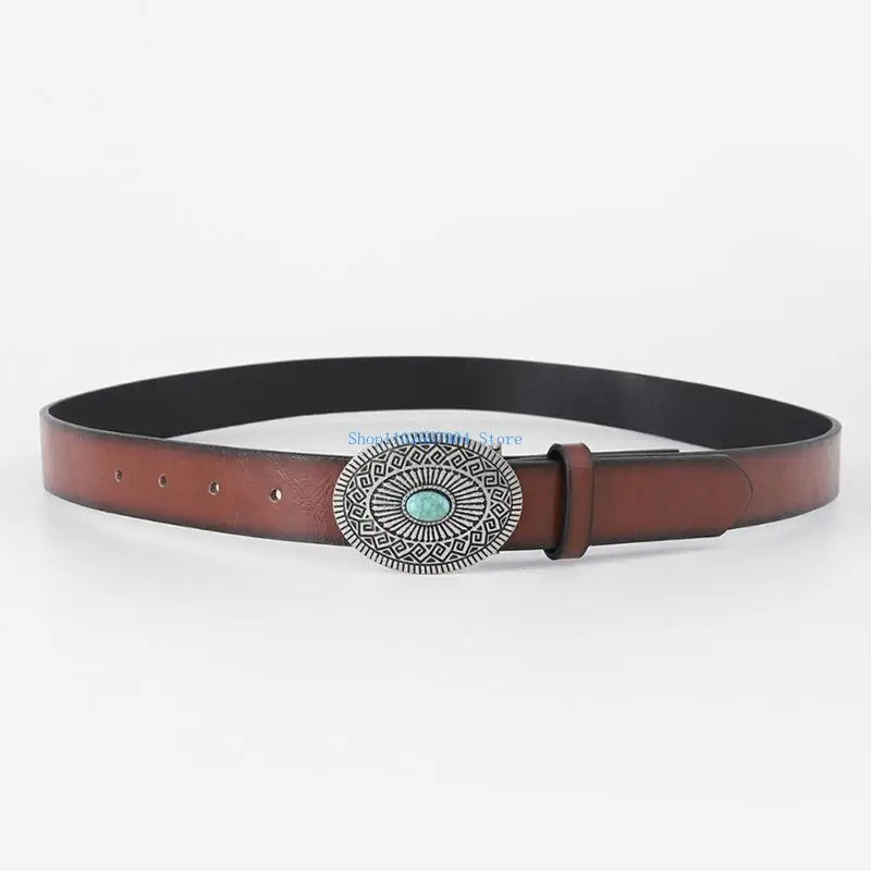 

N7YF Exaggerated Teens Turquoise Buckle Belt Eye-catching Adjustable Waist Straps