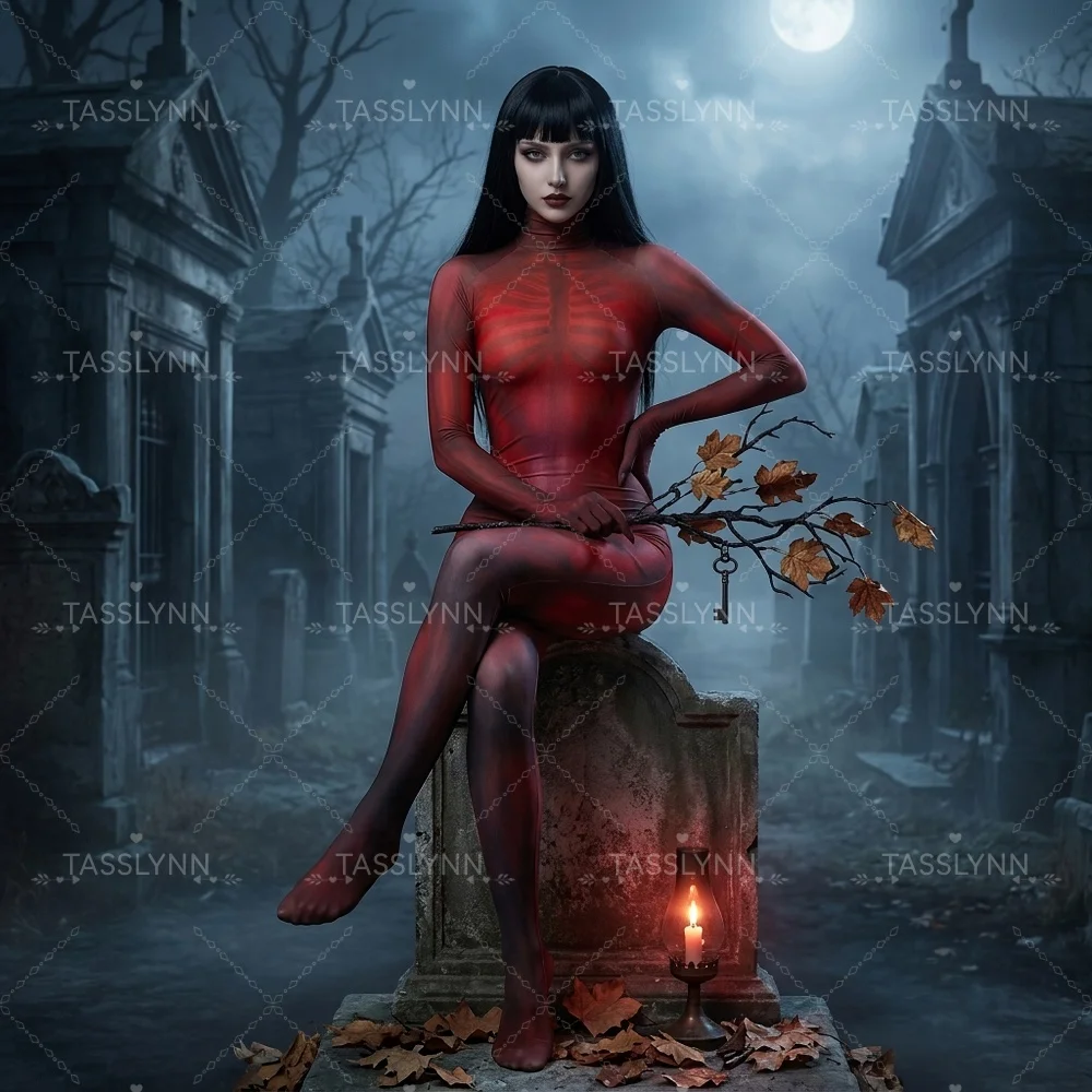 Women Red Muscle Skeleton Zentai Bodysuit, Full Body Ribcage Bone Print Jumpsuit Horror Undead Cosplay Costume For Halloween