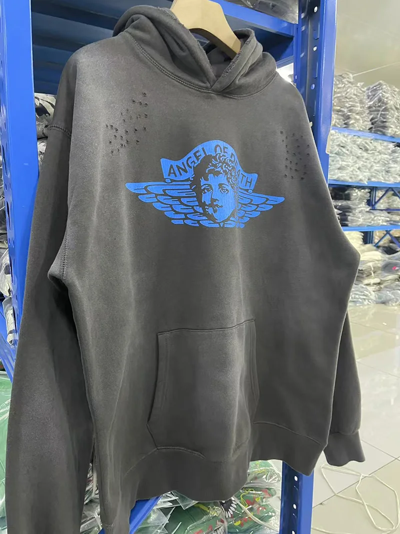 غسلها رمادي سانت هوديس الرجال امرأة شارع العليا الهيب هوب بلوزات كبيرة الحجم الرجعية طباعة التالفة الشتاء مقنعين البلوفرات #4