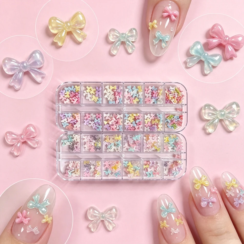 2Boxes 3D Bow Nail Art Charms Mixed Candy Color Flat‑Back Resin Mini Bow Knot Nail Decorations Home DIY Nails Crafts Accessories