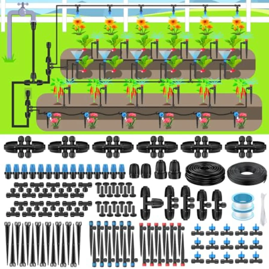 Greenhouse, yard, lawn, raised bed drip irrigation system: 250 ft quick-connect kit with 50ft 1/2 black polyethylene tubing and