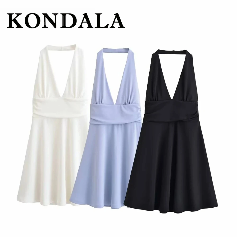 KONDALA elegante azul sin espalda Sexy mujer vestido playa vacaciones cuello sin mangas vestido con cuello en V pliegues moda 2025 Vestidos femeninos