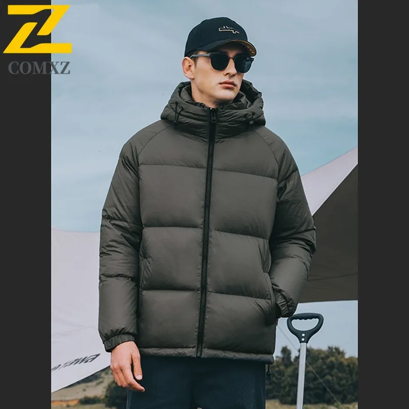 COMXZ Men's Down Jacket 2025 Solid Color Cold-Resistant Casual Sporty Skiing Parker Coat Urban Hooded Comfortable Padding Coat