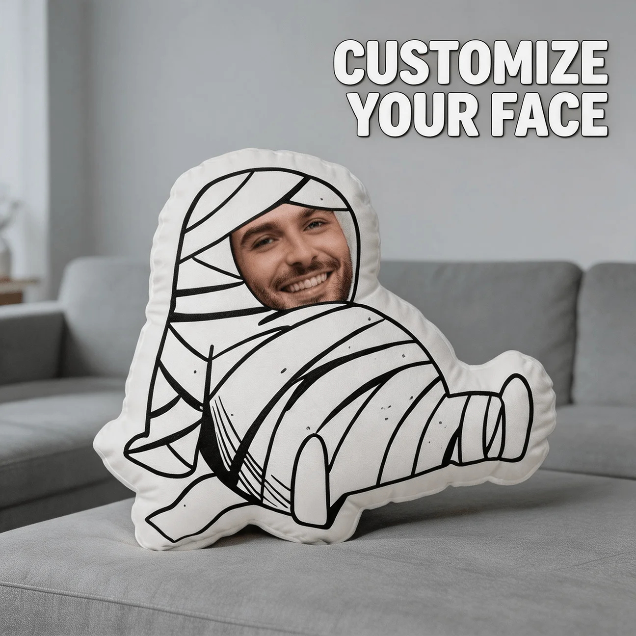 Custom Face Mummy Shaped Pillow, Personalized Photo Decorative Cushion with Funny Bandage Design, Unique Home Decor Accent for S