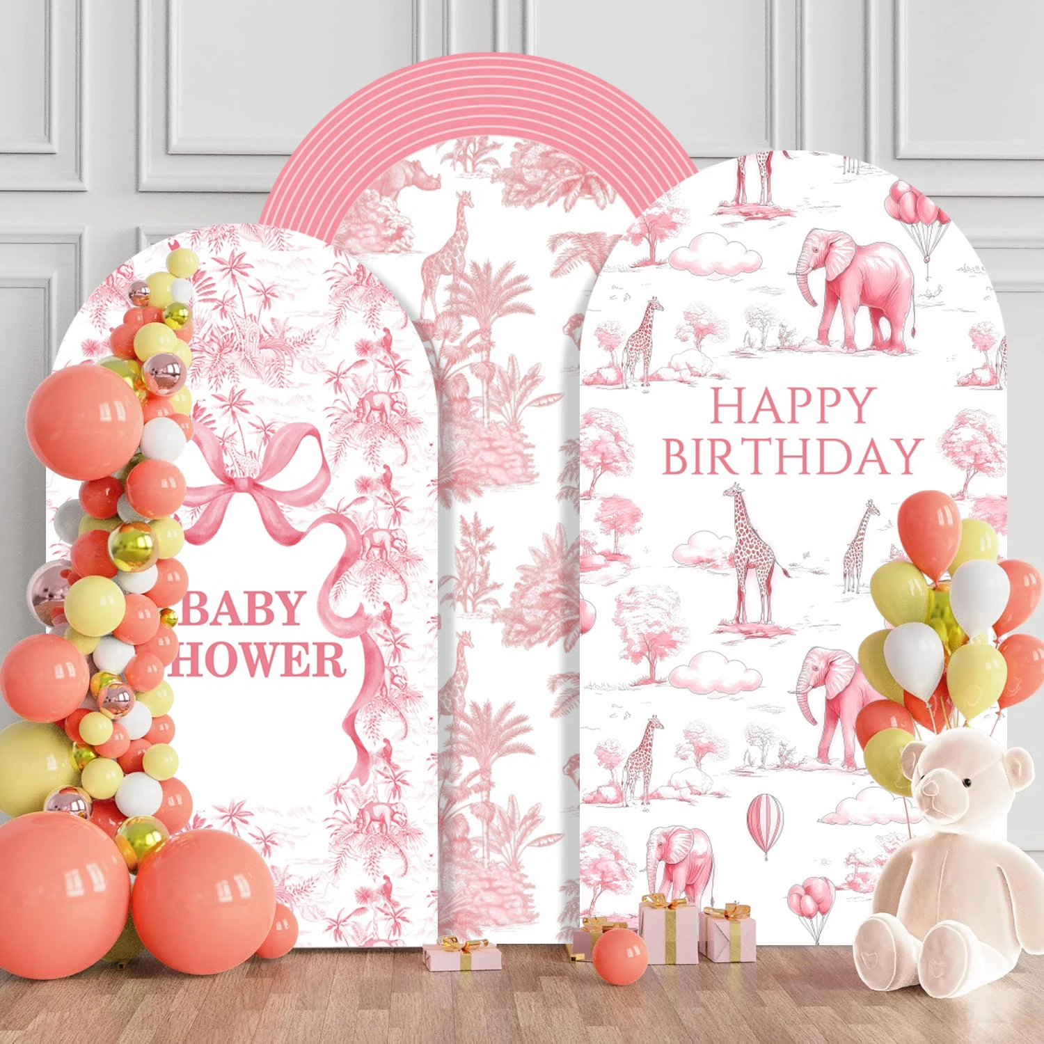 

Фон-арка с животными джунглей для новорожденных девочек, на 1-й день рождения, для вечеринки в честь рождения ребенка, с изображением слона, жирафа, розовой травы, арочный фон