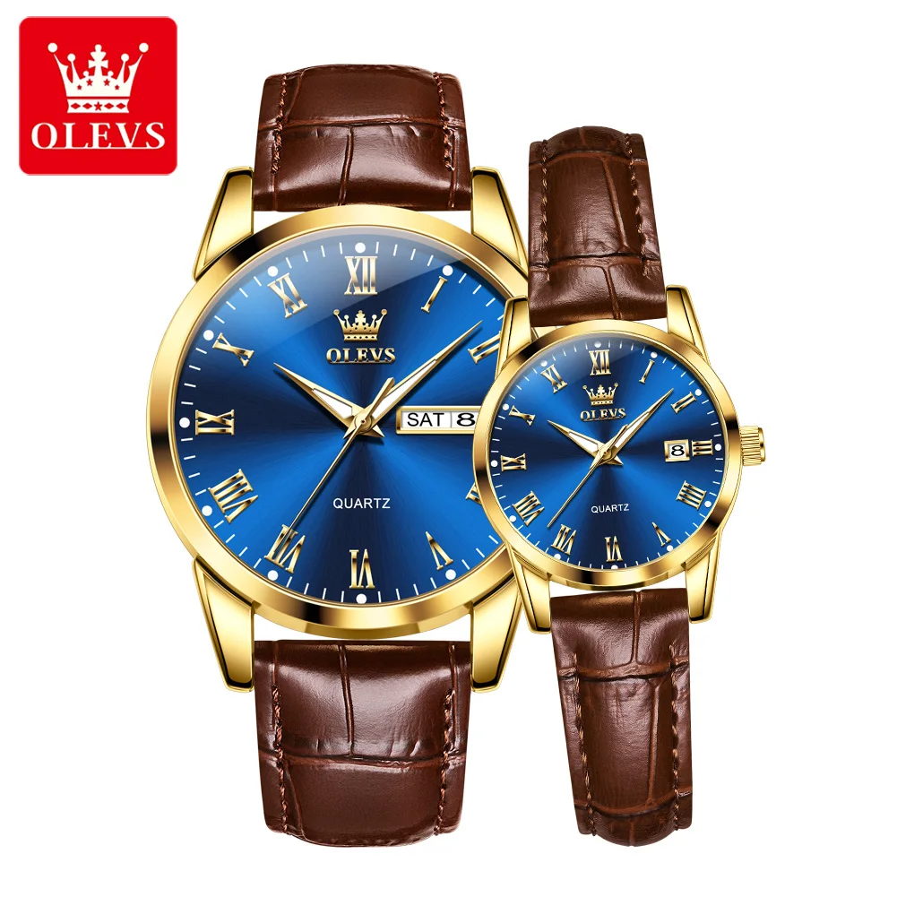 OLEVS Brand Original Couple Quartz Watch For Men and Women Luxury Fashion Waterproof Luminous Leather Strap Elegant Couple Watch