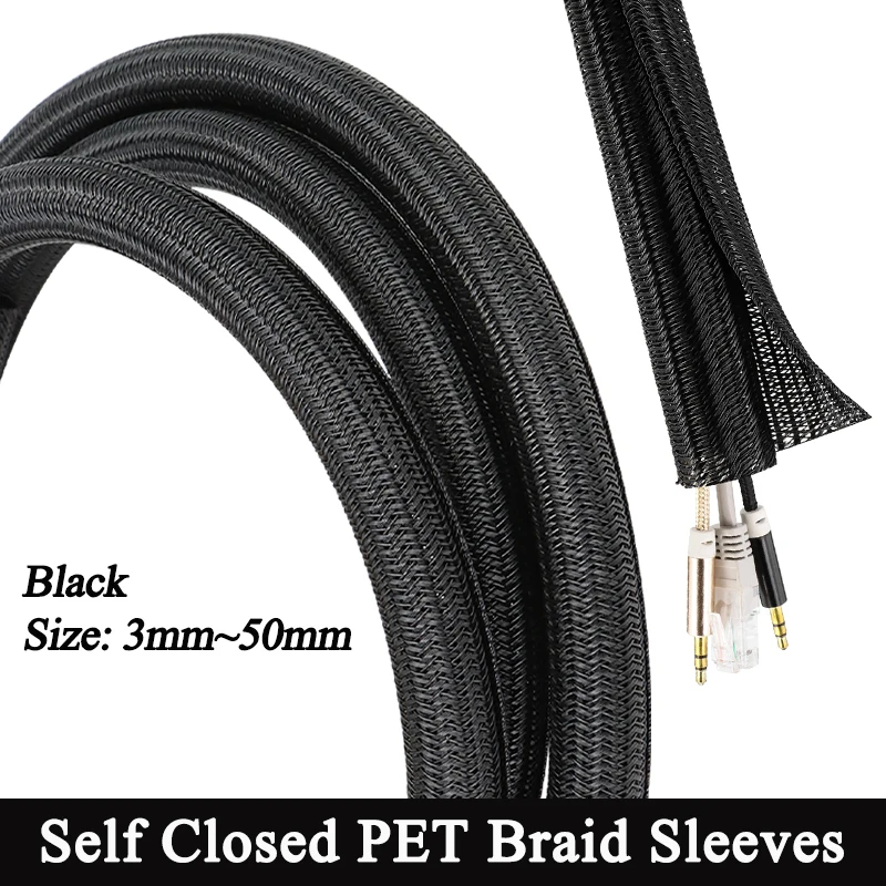 

Self-Closed Cable Sleeve 3mm ~ 50mm Black PET Braided High Protection Insulated USB Cable Power Cord Wrap Sheath Split Sleeving
