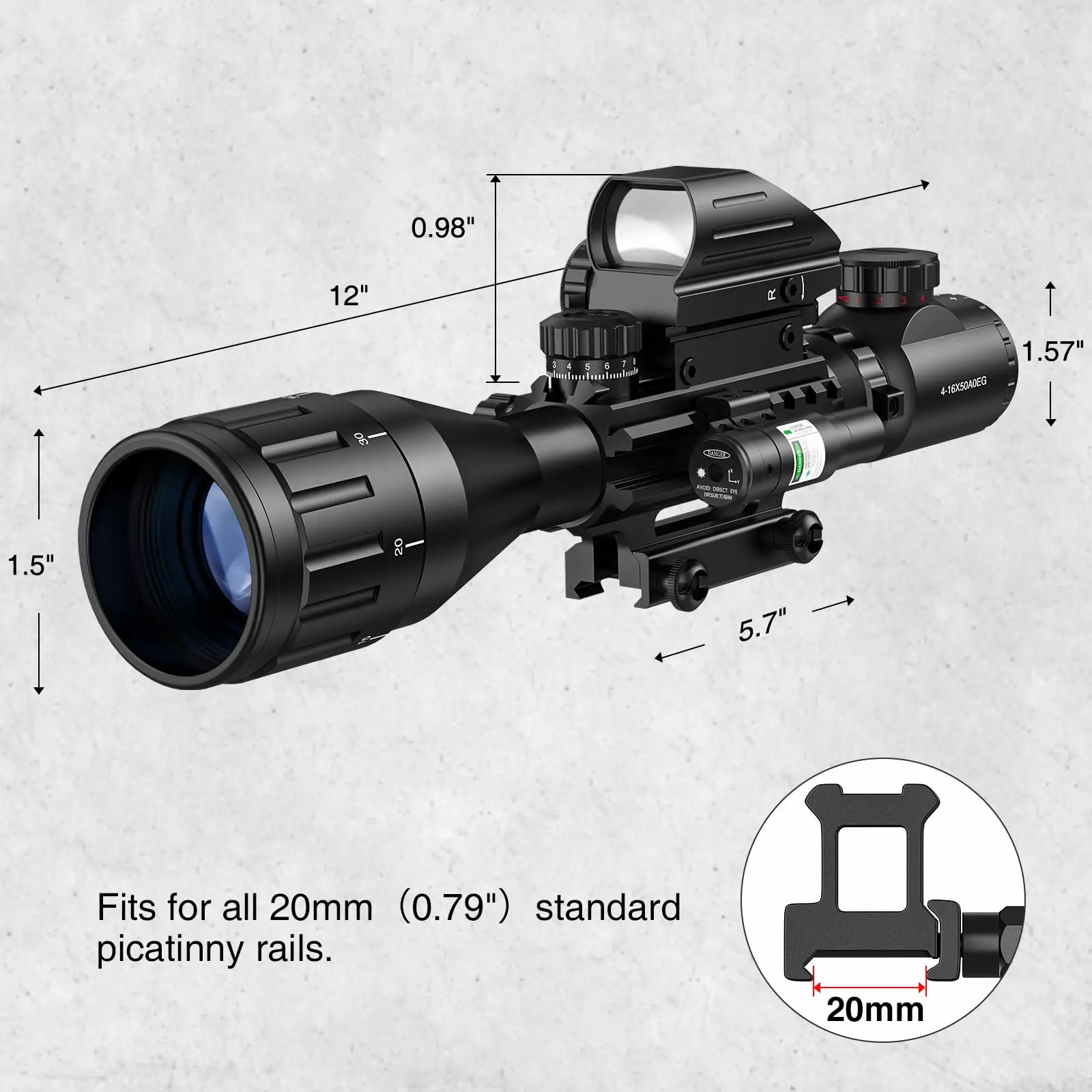 MidTen 4-16x50 AO Scope Dual Illuminated Rangefinder Optic & 4 Holographic Reticle Red Dot Sight & Laser Sight for Hunting