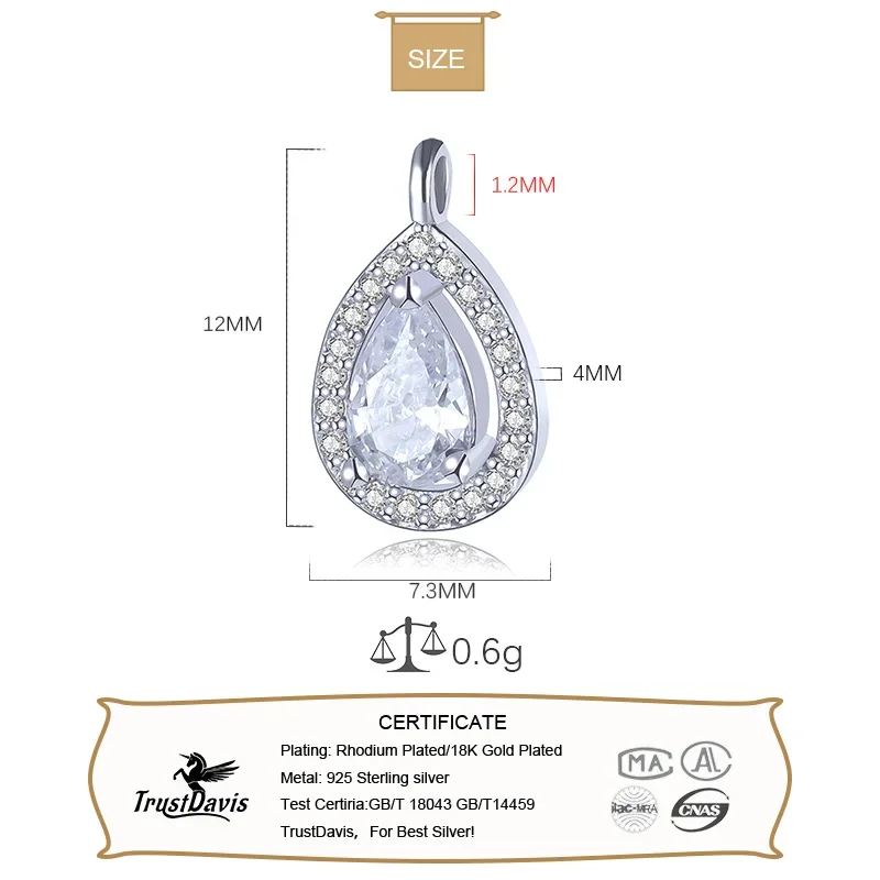 TrustDavis Real 925 Sterling Silver 2022 Sweet Water Drop Shiny CZ Pendant Handmade DIY Necklace Accessories Fine Jewelry HY869