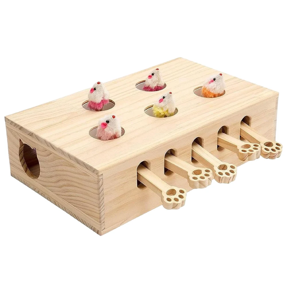 Cats Whack A Mole Game Cat Pop Up Toy 3/5-Holed Whack A Mole Cat Toy Interactive Wooden Hunting Toy Box for Indoor Cats