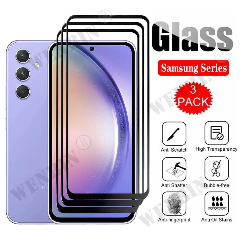 3 Pcs Tempered Glass For Samsung A55 A54 A53 A35 A34 A25 A24 A15 A14 A13 A05 A04 A71 A51 A12 Curved Full Cover Screen Protector