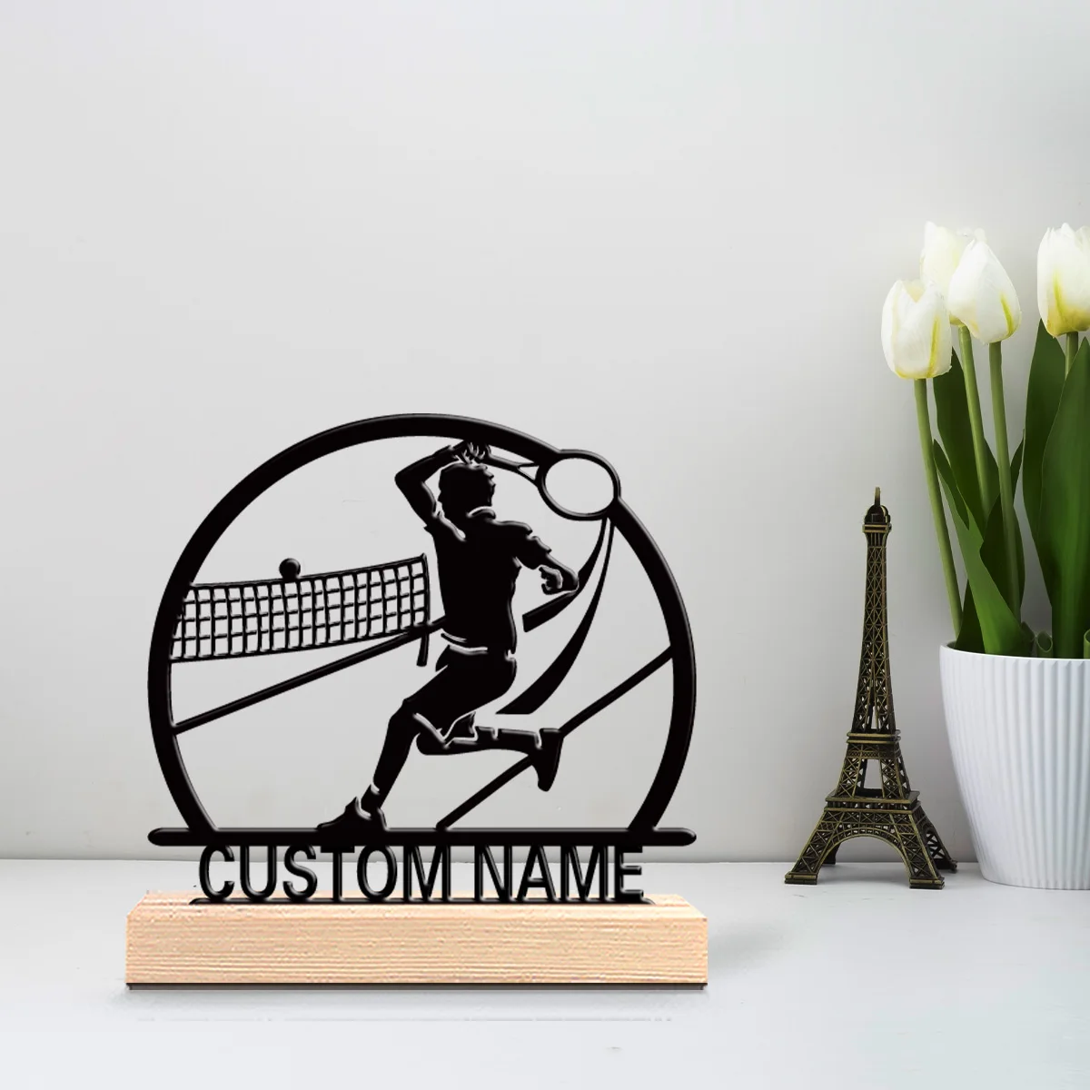 1pc Stylish Personalized Custom Tennis Metal Statues Wooden Accent Wall Decor for Living Room Bohemian Eclectic Home Style