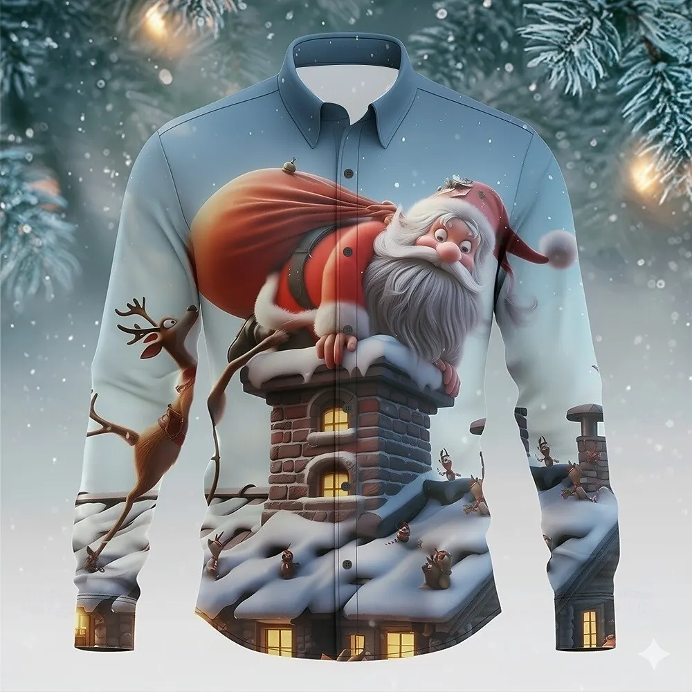 

Funny Santa Clause Graphic Men's Shirts 3D Printed Christmas Theme Long Sleeve Lapel Shirt Outdoor Street Festival Party Clothes