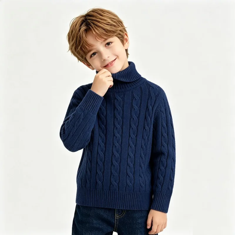2026 Herbst Kinder Jungen Zopfmuster Rollkragenpullover Kinder Baumwolle Langarm Pullover Winter 2-12 Jahre Warme Basisschicht Strickwaren – Detail 3