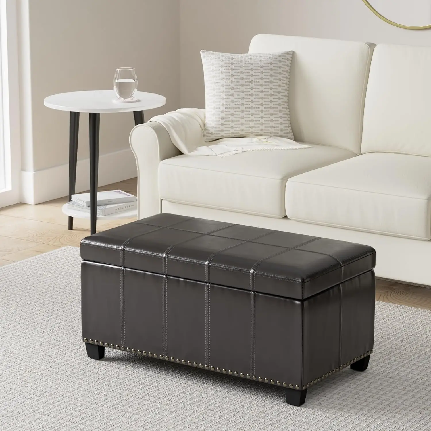 #Amelia Storage Ottoman - 33 inch Wide Vegan Leather Rectangle Storage Ottoman Bench in Midnight Black, Transitional, Customized