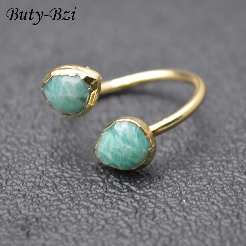 Buty-Bzi Double Gemstones Faceted Natural Green Amazonite Water Drop Shape Rings Circle Size Adjustable Party Jewelry Gift