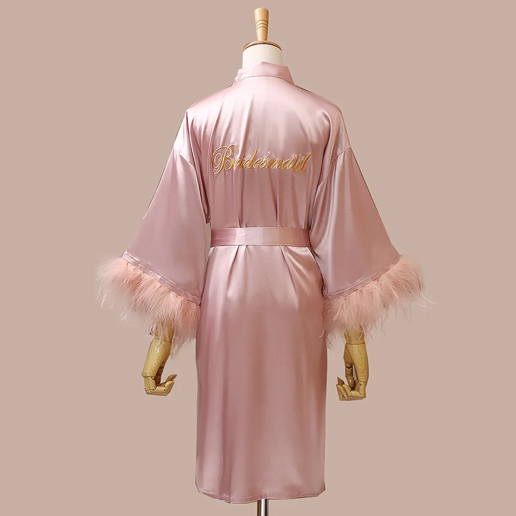 Feather Embroidery Bride Bridesmaid Wedding Robe Half Sleeve Kimono Bathrobe Nightgown Sexy Satin Sleepwear Home Dressing Gown