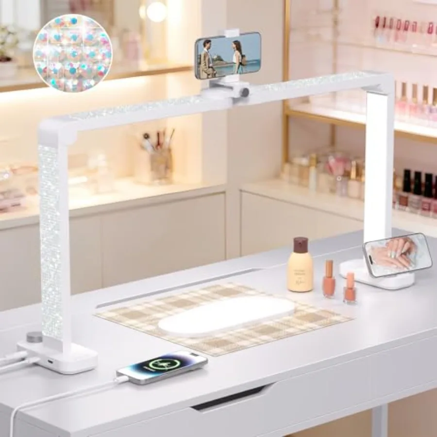 

Half Moon Light for Nail Desk, 34" Large Square Nail Lamp for Desk with Phone Holder, Professional Manicurist Desktop Lamp, LED