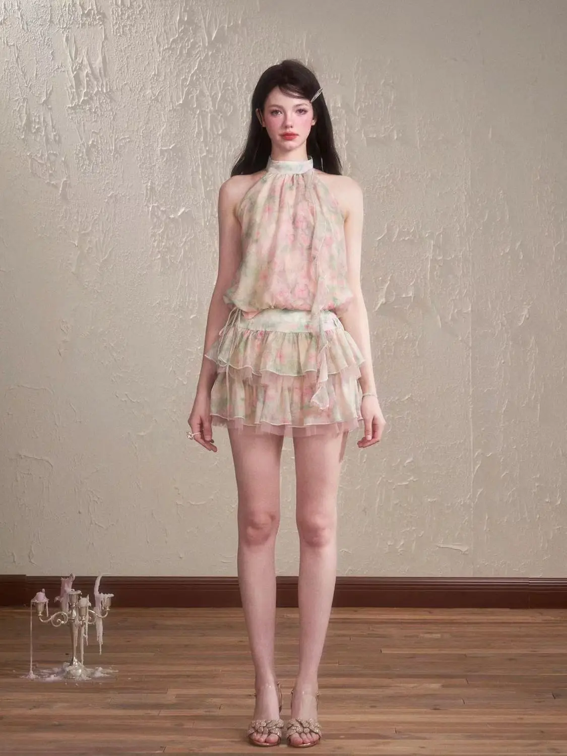 Francês retro elegante design floral sem mangas halter pescoço chiffon colete bolo saia em camadas conjunto de 2 peças