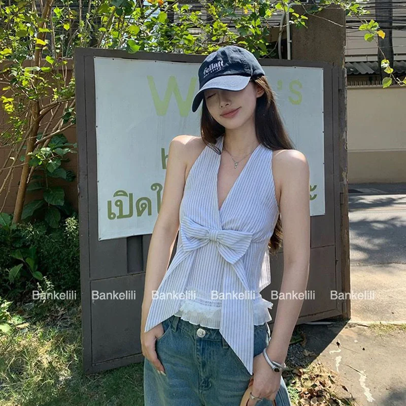 Chaleco coreano de retazos de encaje a rayas para mujer, Top con espalda descubierta y lazo de verano, estilo pijo Harajuku Chic, camisetas sin mangas sexis con diseño que combinan con todo