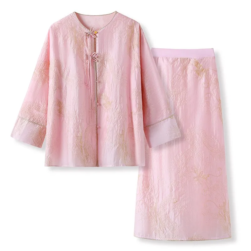 New Chinese style embroidery dragon print shirt high waist half skirt light luxury two-piece set