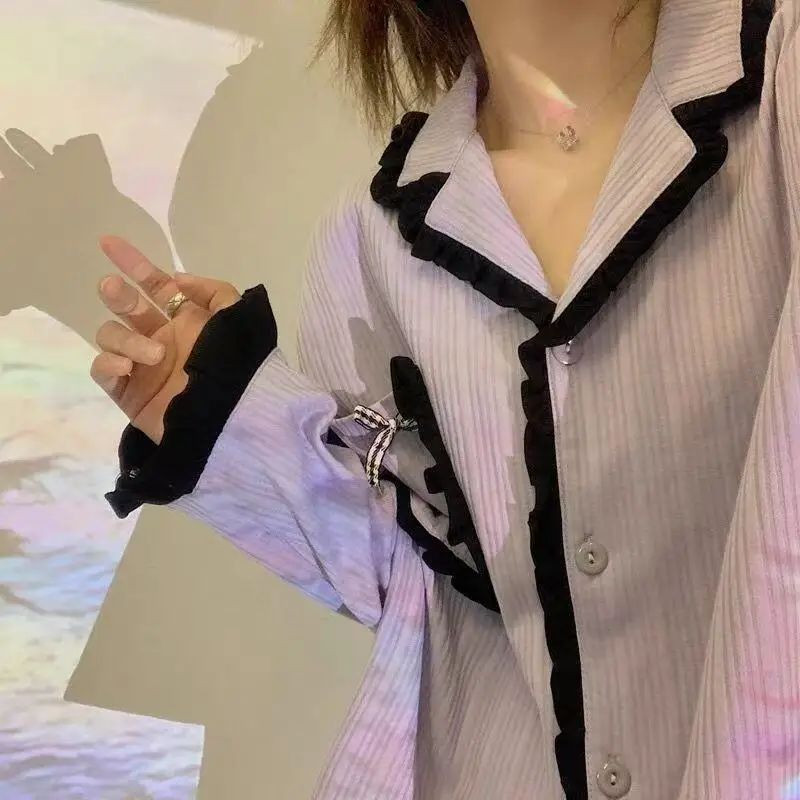 

New Hot Pajamas Set Cotton Women S Student Dormitory Outdoor Homewear Cute Cartoon Ruffle Long Sleeve Long Pants Spring Autumn