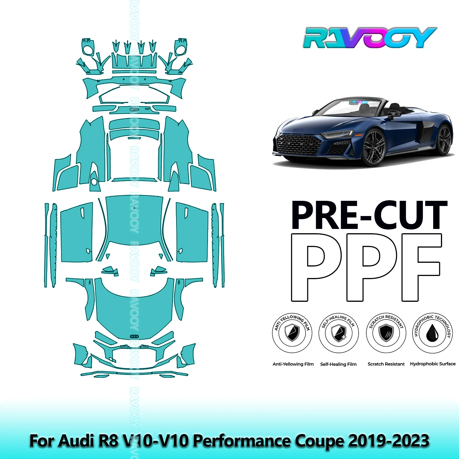 

Полный автомобильный прозрачный бюстгальтер, предварительно вырезанная защитная пленка PPF для Audi R8 V10-V10 Performance Coupe 2019-2023