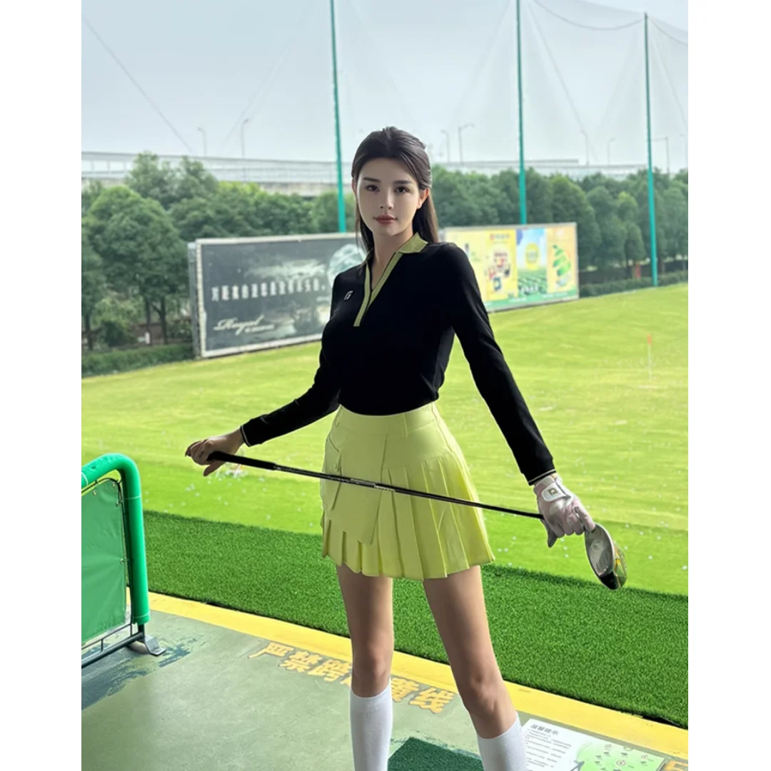Golf clothing women\'s autumn and winter polo shirt long sleeved T-shirt slim fit and slimming V-neck top pleated short skirt set