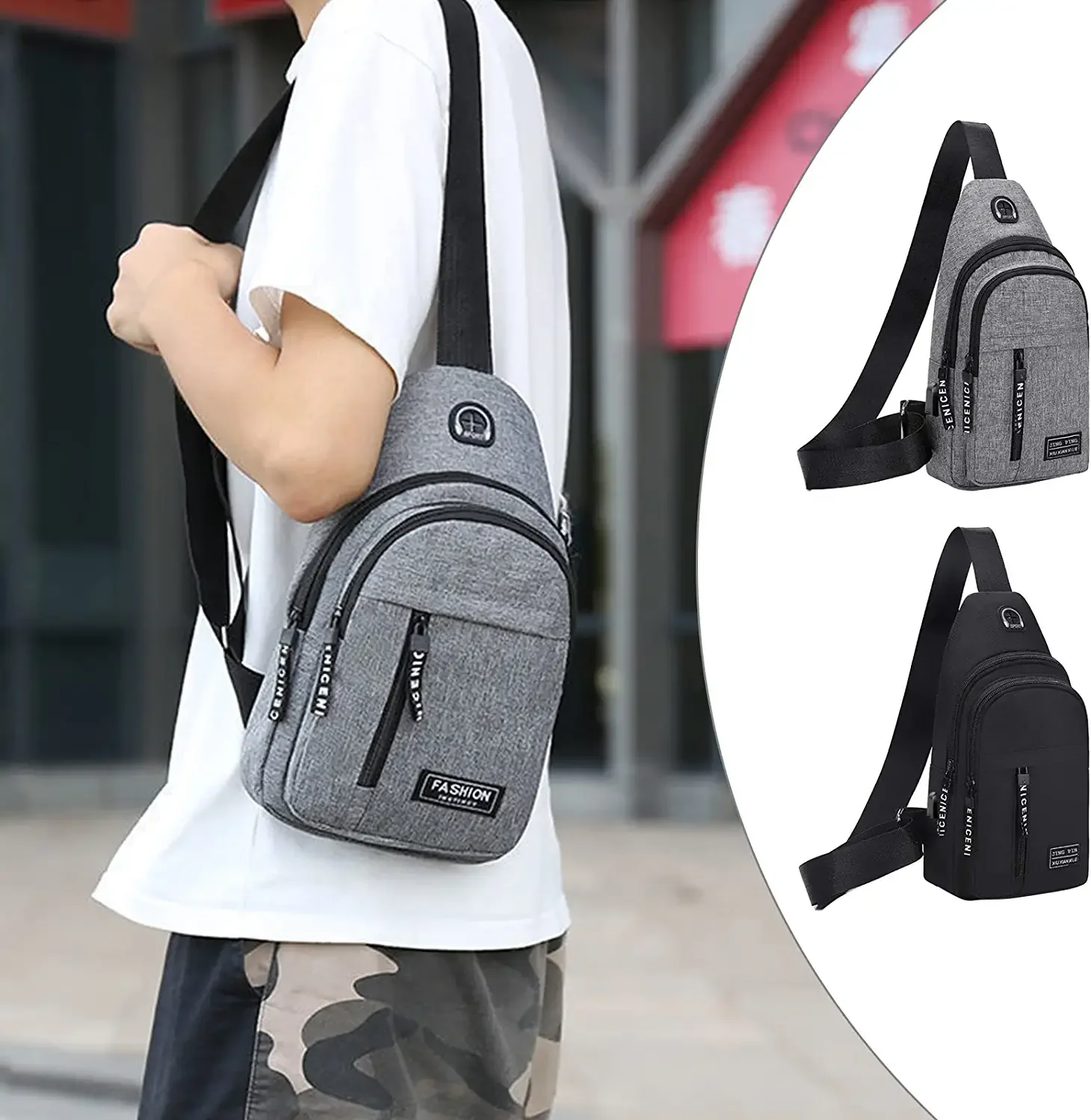 Bolso de pecho de tela Oxford para hombre con conector de auriculares, mochila de hombro multifuncional para deportes al aire libre, bolsos cruzados diarios de ocio