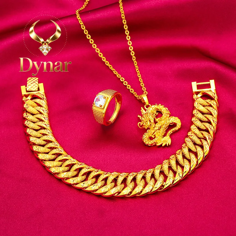 Dynar Jewelry    Wide Edge Bracelet, Necklace Ring Set for Men 24K Gold, AU999 Double sided star track engravings rotating ring