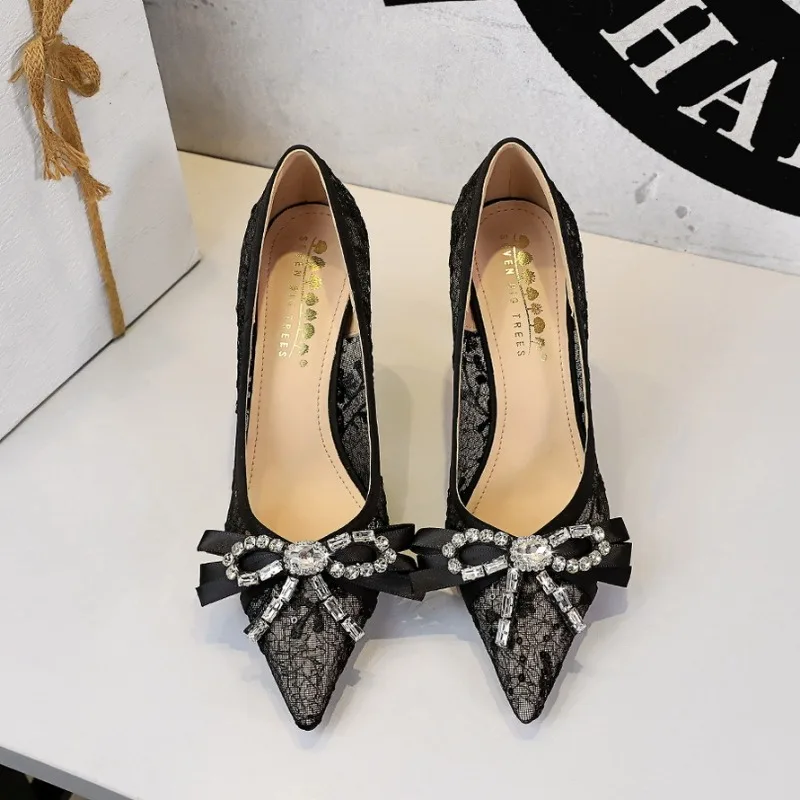 European Style Sexy Lace Mesh Rhinestone Bow Super High Heels Pointed Toe Pumps For Women