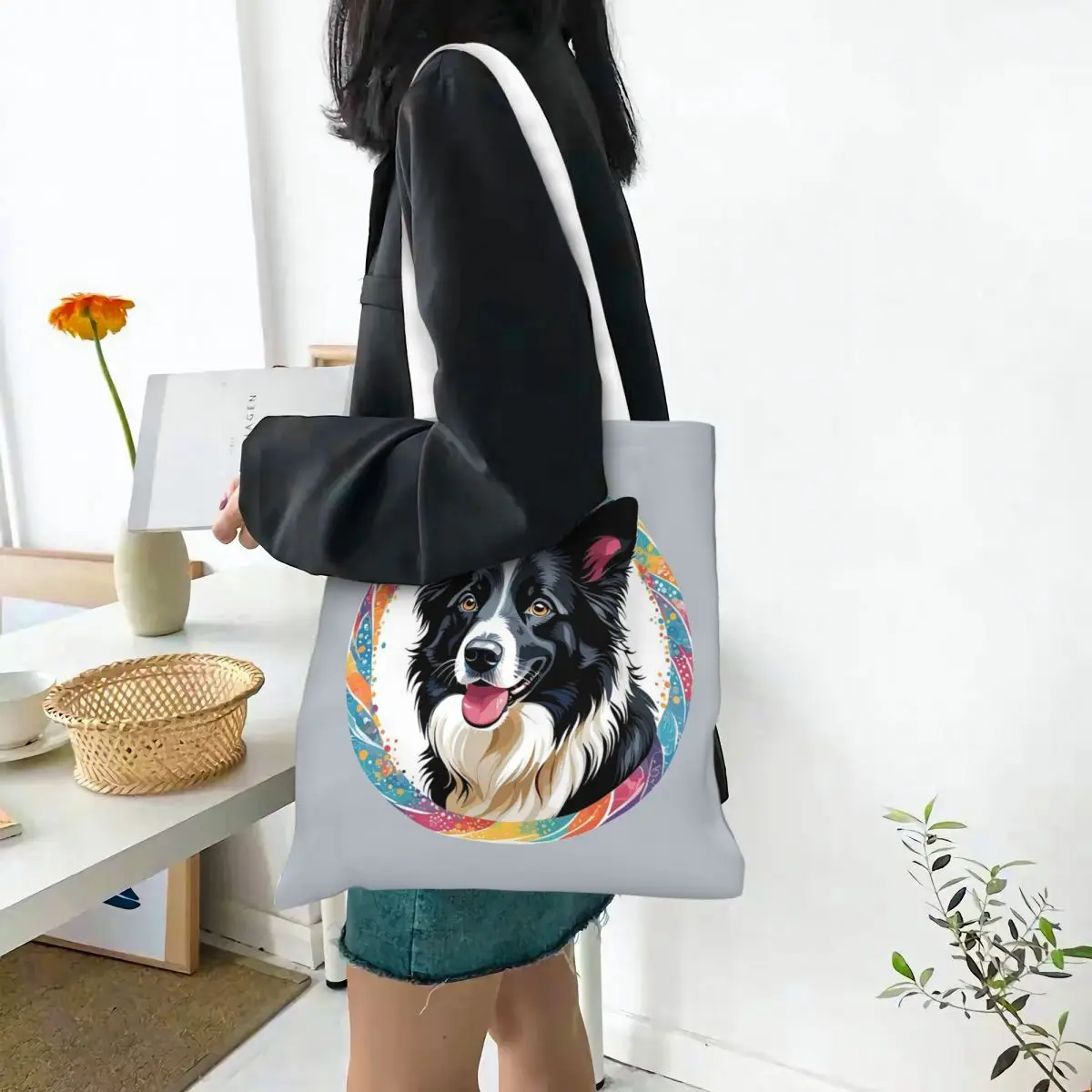 Border Collie Shopping Bags Lona dobrável The Tote Bag Senhoras Ombro Tote Bolsa de viagem