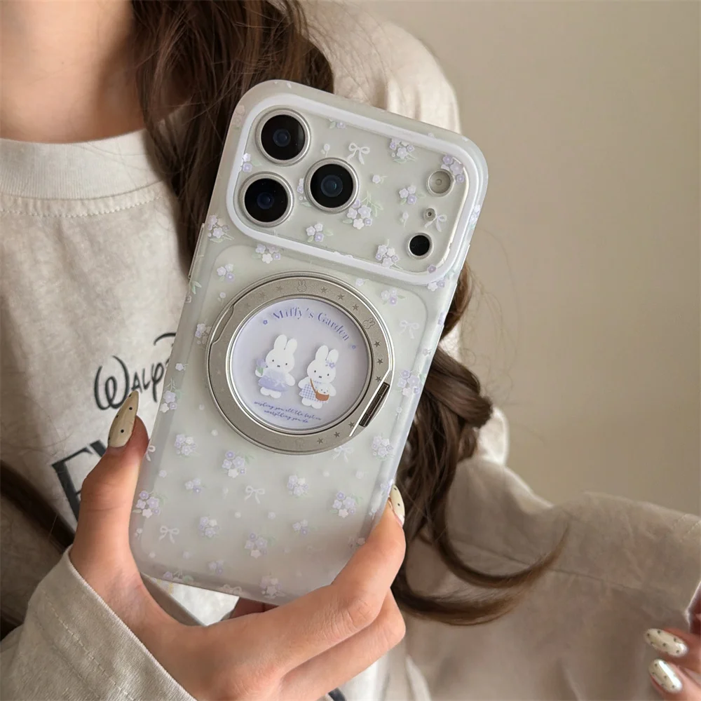 

Korean Flowers Rabbit Kawaii Phone Case for iPhone 17 Pro 15 Max 16 Pro Max Cover Cartoon with 360° Rotate Holder Stand Cute Cas