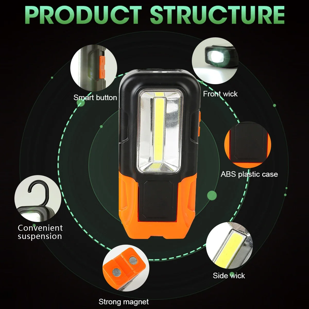 Lampu senter kerja LED COB portabel, senter darurat lentera berkemah 3 mode Super terang dengan kait Magnet